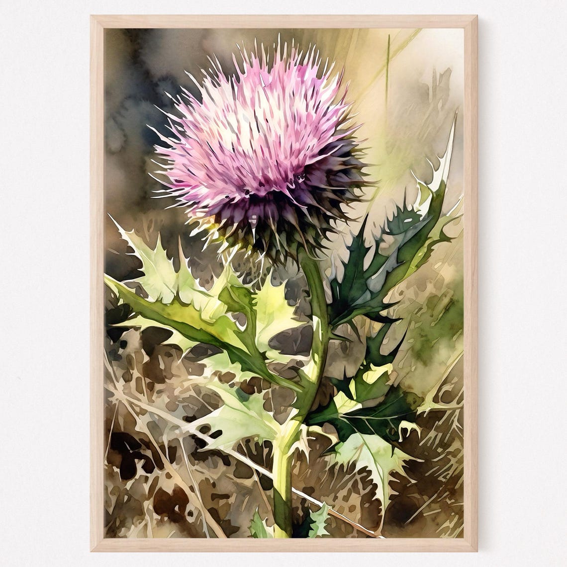 Pink Thistle Bloom Watercolor Botanical Floral Artwork Poster