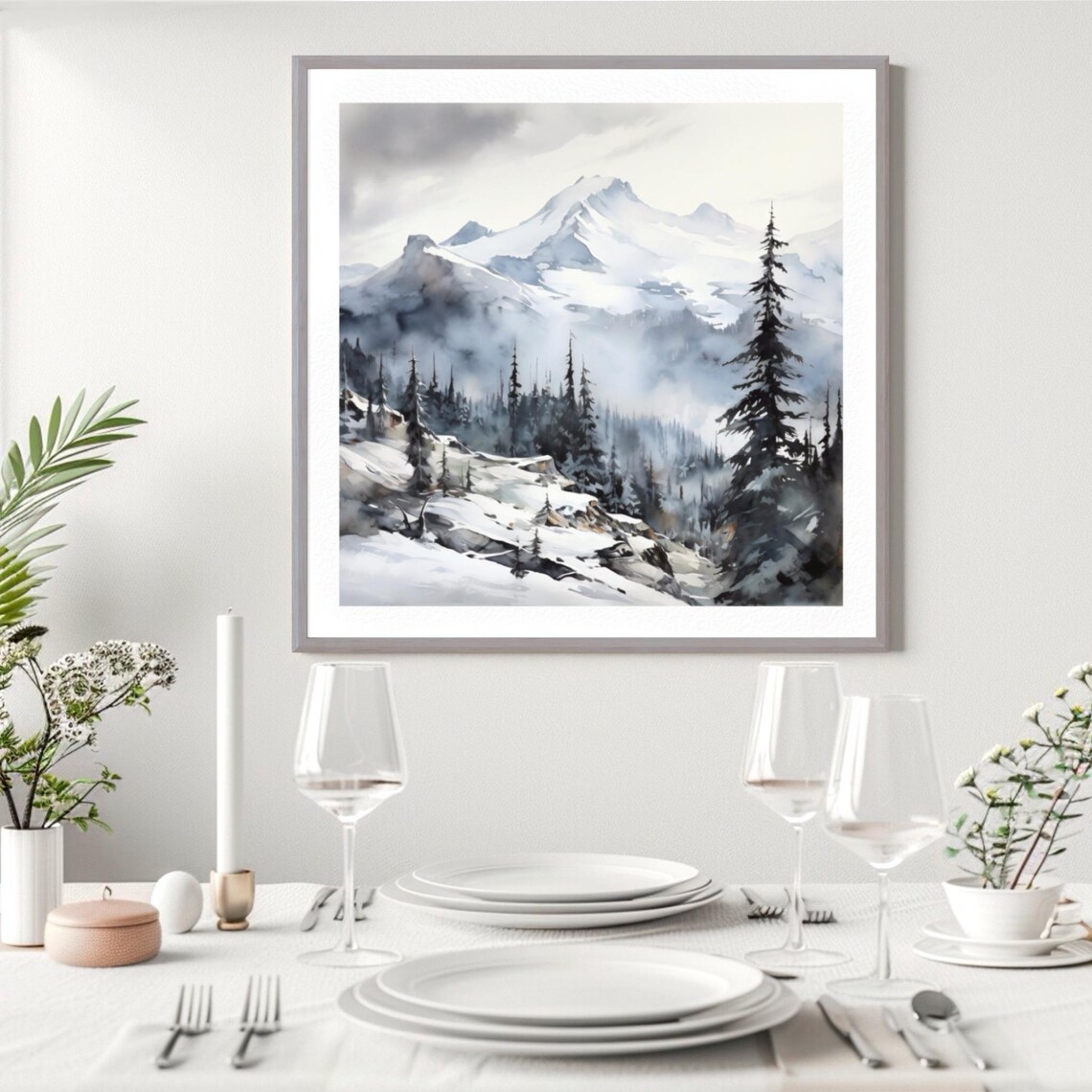 Snowy Alpine Peaks Dark Pines Misty Winter Watercolor Mountain Poster - Image 5
