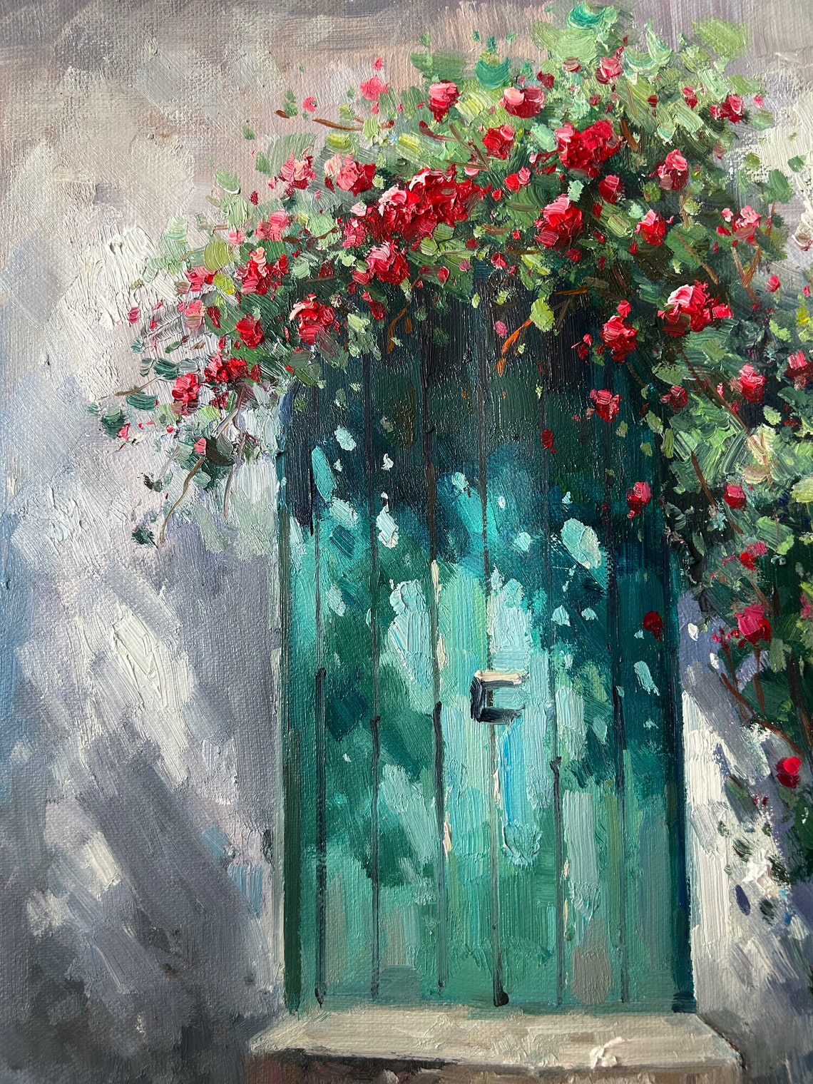 Turquoise Wooden Door Climbing Red Roses Vintage Garden Poster - Image 4