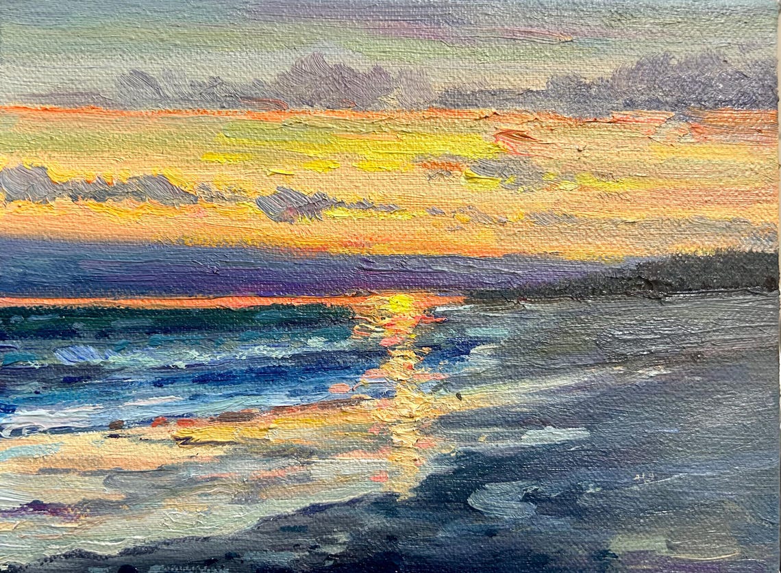 Sunset Beach Ocean Oil Painting Golden Reflection Waves Evening Poster - Image 5