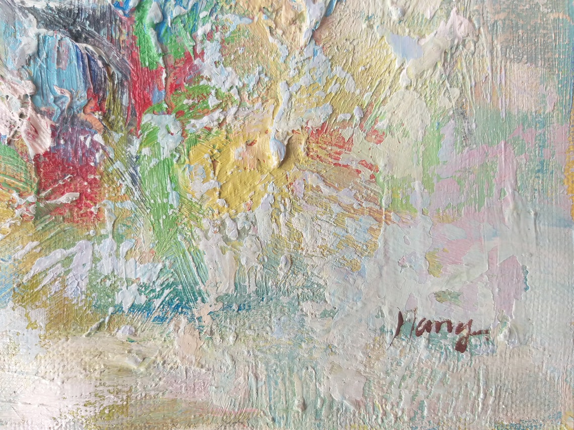 Soft Pastel Impasto Abstract Floral Blue Green Texture Art Print - Image 4