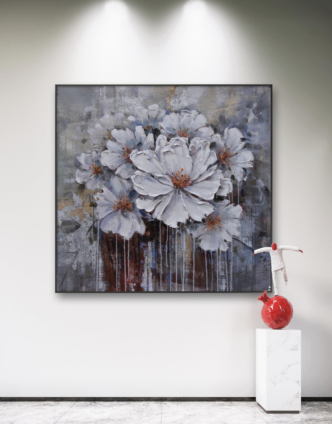 White Flowers With Gold Drips Modern Abstract Floral Painting Print
