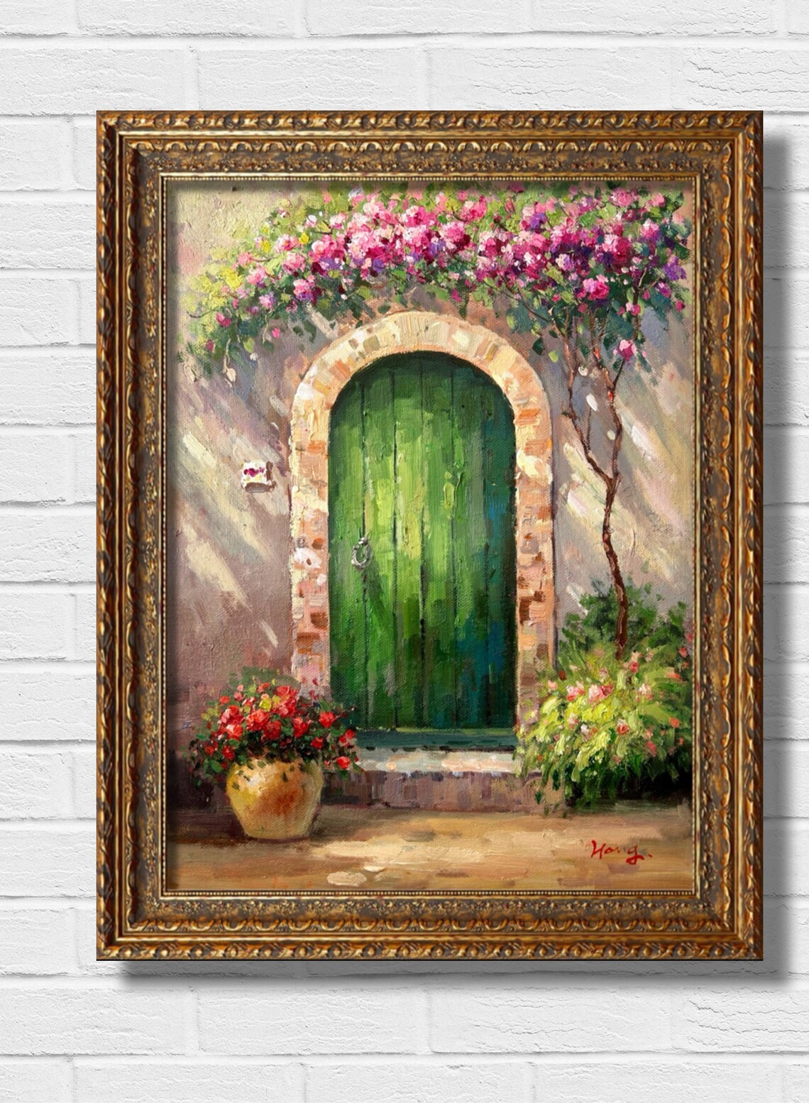 Mediterranean Green Door With Pink Bougainvillea Flowers Oil Poster