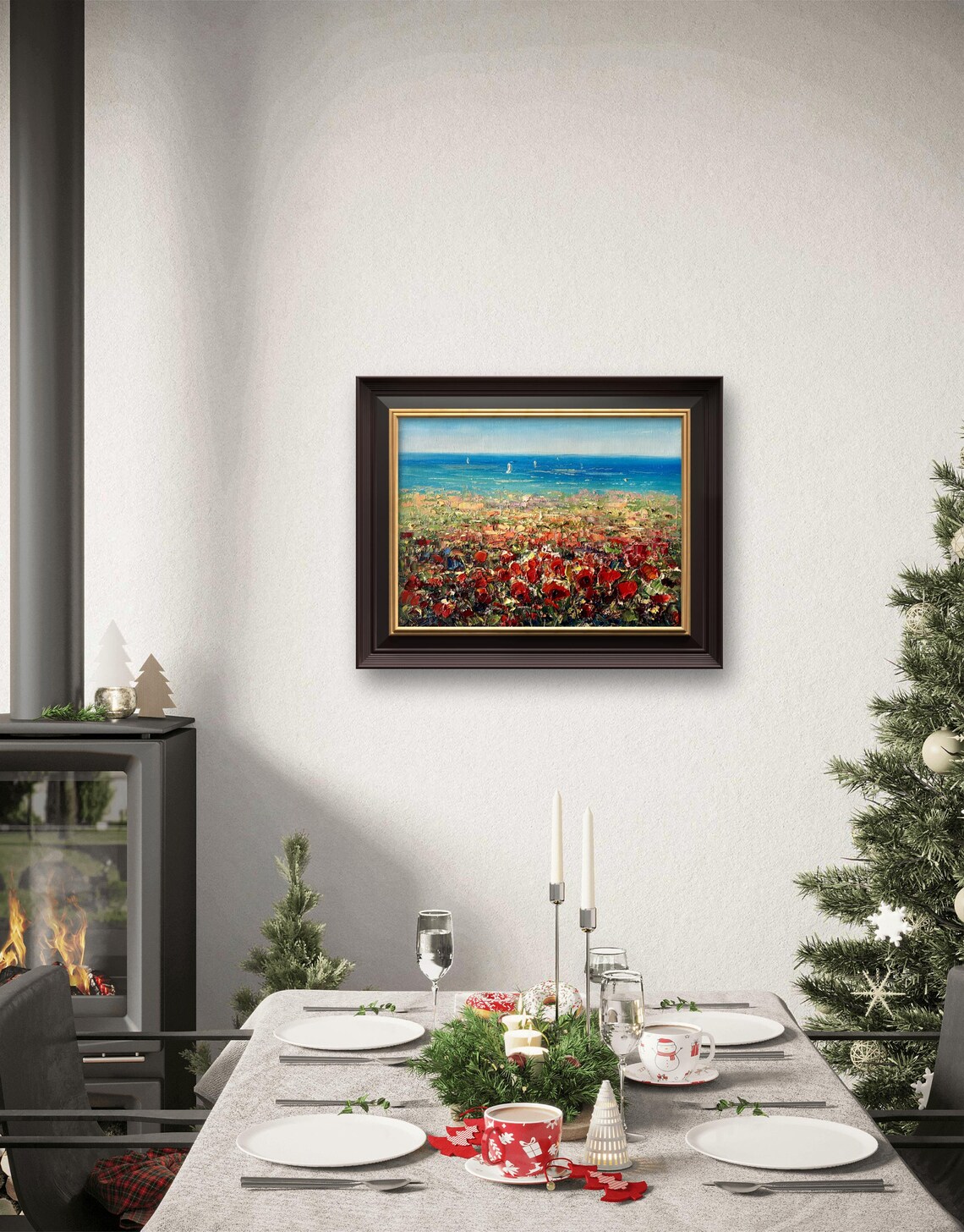 Red Poppy Field By The Blue Sea With Sailboats Oil Painting Poster - Image 2