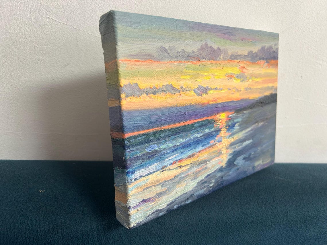 Sunset Beach Ocean Oil Painting Golden Reflection Waves Evening Poster - Image 3