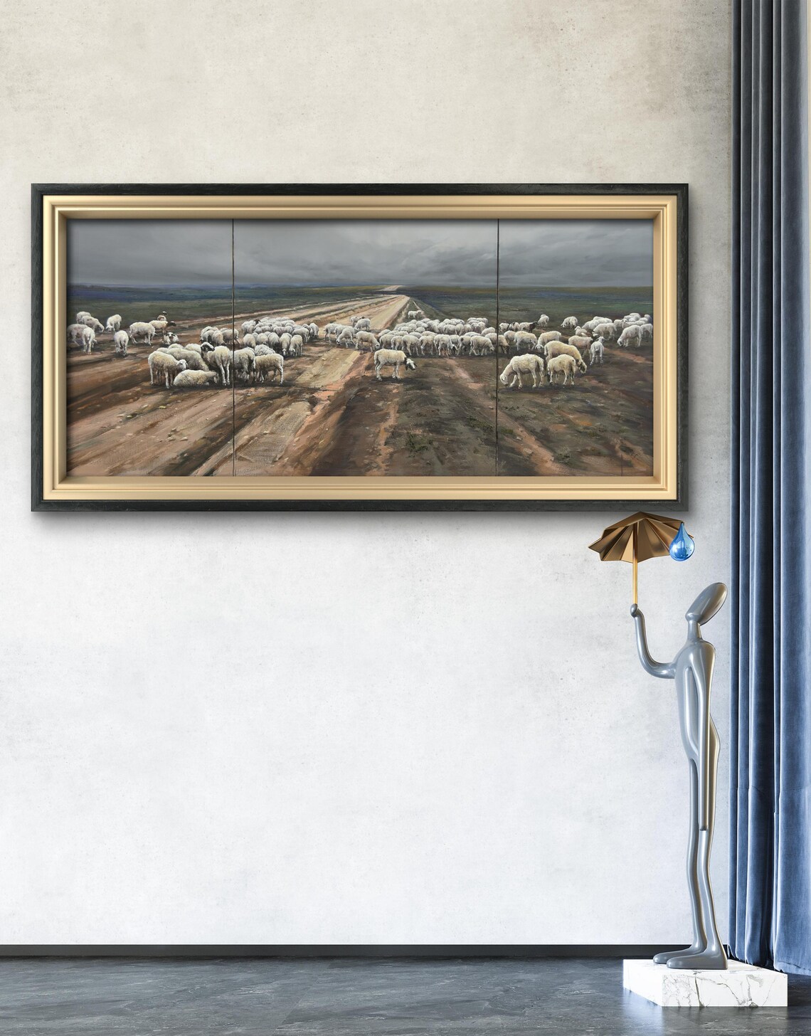 Sheep Flock Crossing Country Road Panoramic Oil Painting Wall Art - Image 2