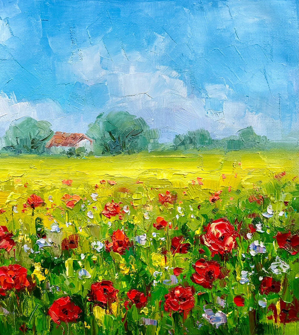 Red Poppies In Summer Field With Farmhouse Blue Sky Oil Poster - Image 4