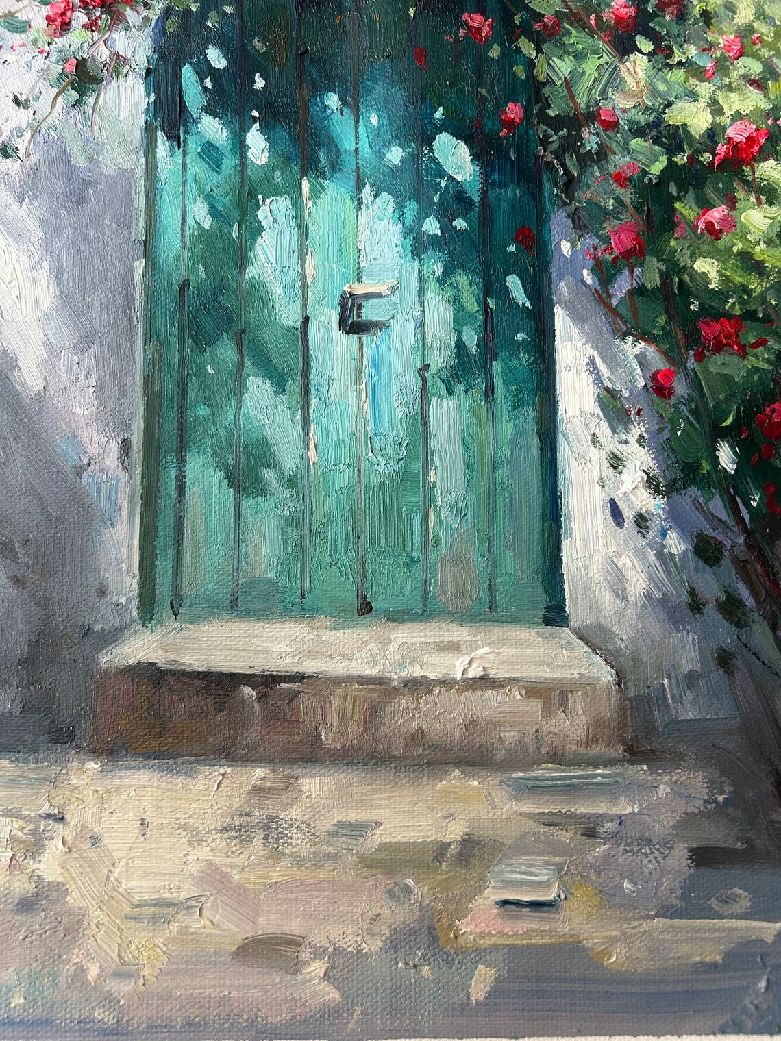 Turquoise Wooden Door Climbing Red Roses Vintage Garden Poster - Image 2