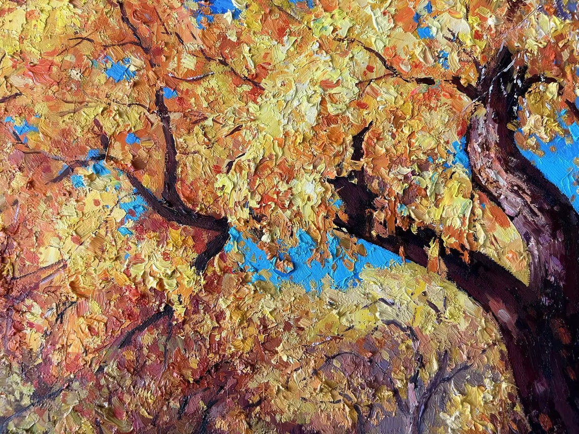 Golden Autumn Forest Path Bright Blue Sky Impasto Oil Painting Poster - Image 3