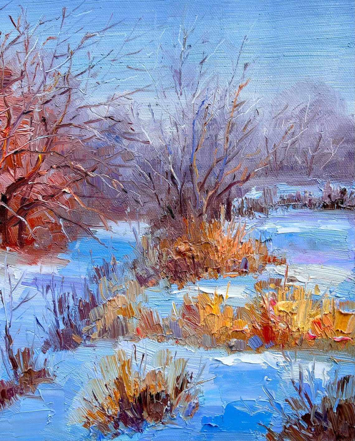Winter Snow Marsh Golden Bushes Frozen Stream Landscape Poster - Image 5