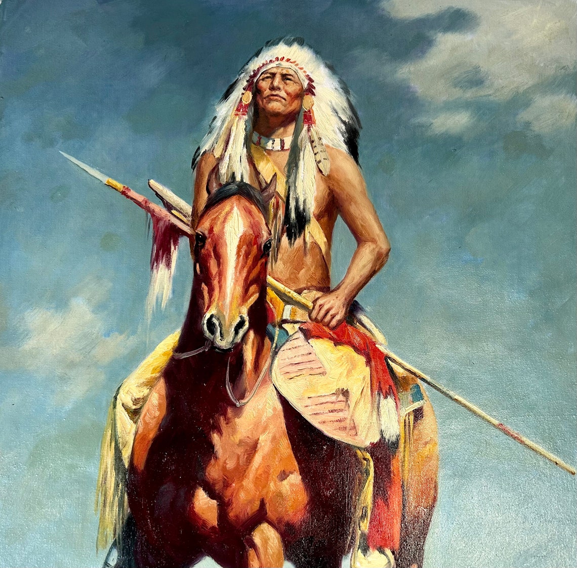 Native American Chief Horseback Desert Canyon Heritage Oil Art Print - Image 4