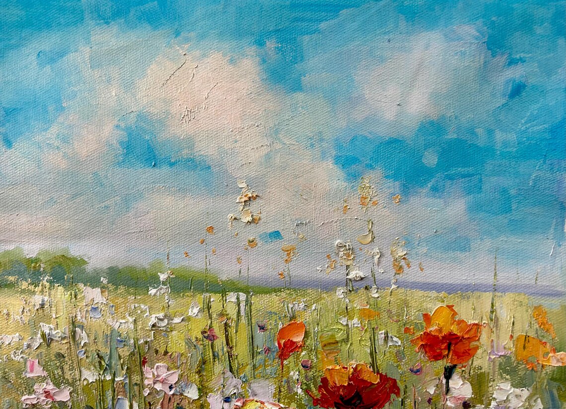 Wildflower Meadow Oil Painting Red Poppies Blue Sky Summer Poster - Image 4