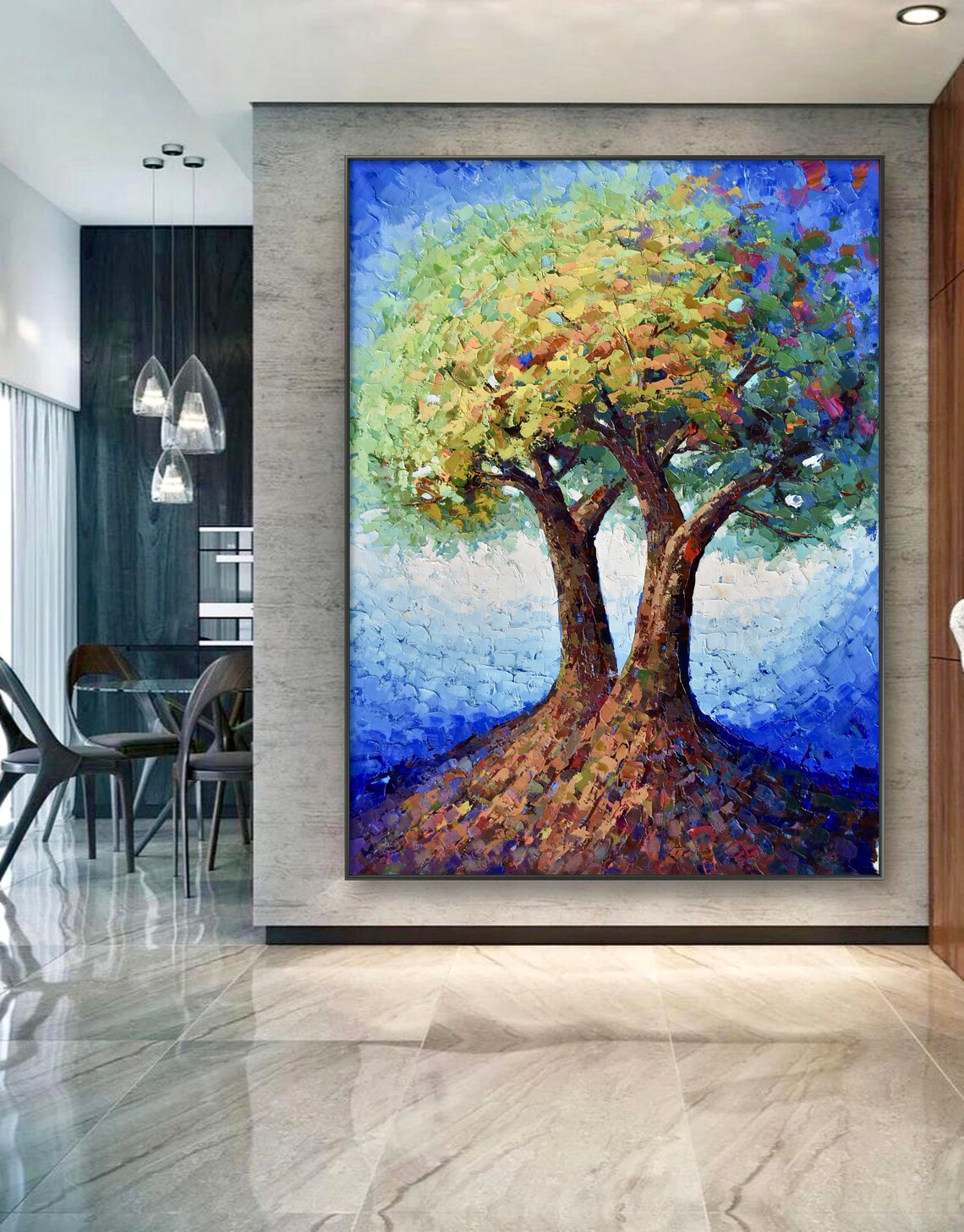 Colorful Tree Of Life Palette Knife Painting On Deep Blue Print - Image 4