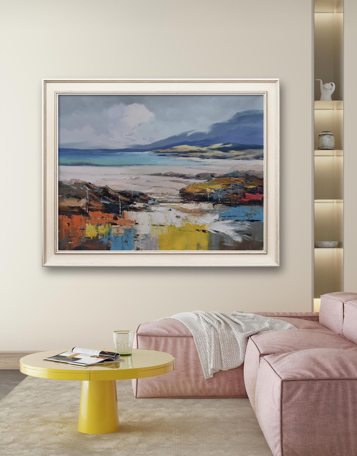 Abstract Coastal Seascape With Mountains Blue And Gold Oil Poster