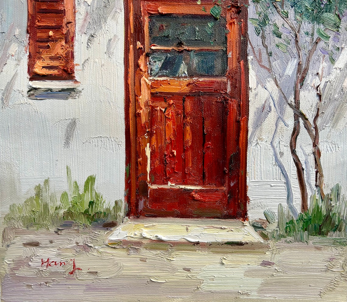 Rustic Red Wooden Door Flowering Tree Charming Cottage Art Print - Image 3