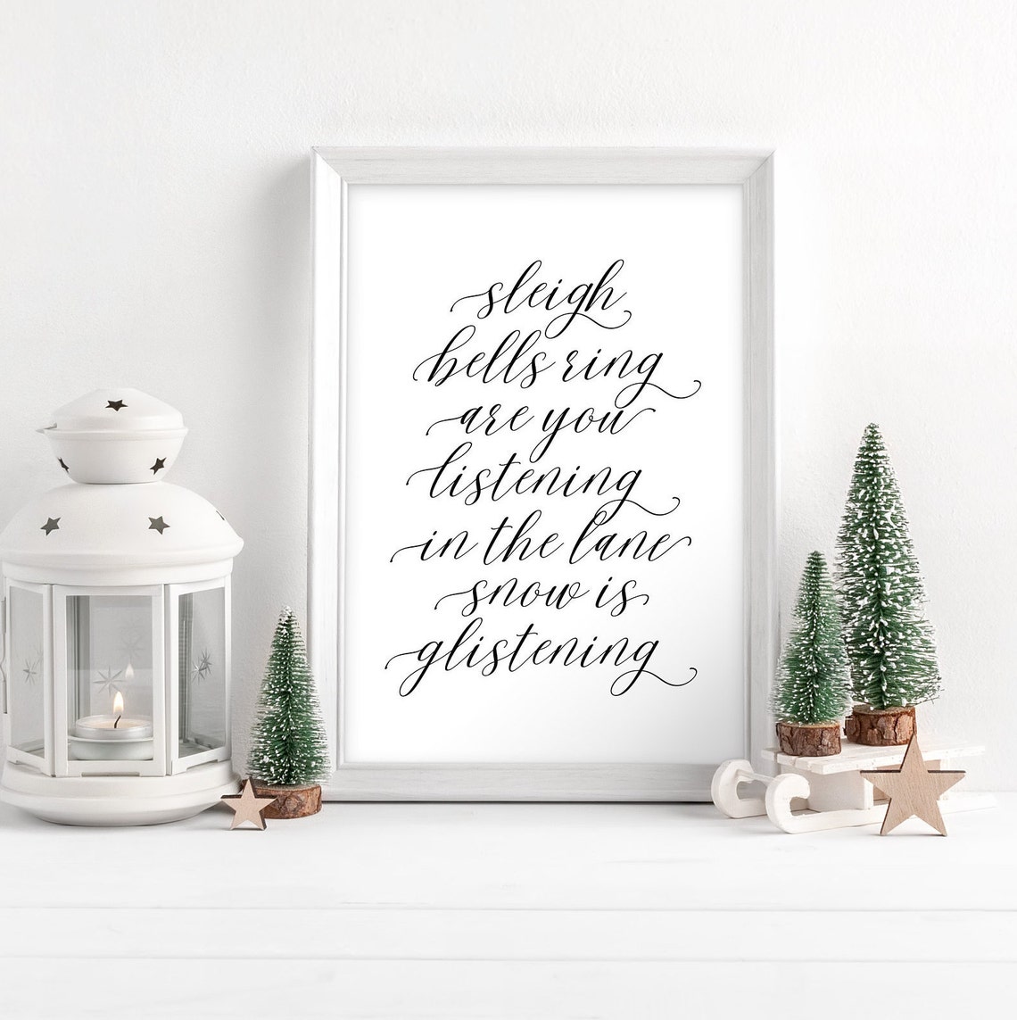Sleigh Bells Ring Christmas Lyrics Script White Minimalist Poster