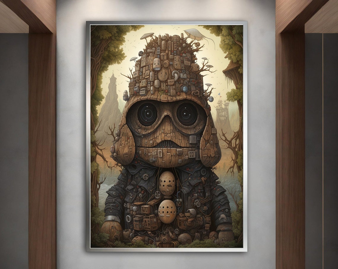 Robot Child Junk Sculpture Forest Big Eyes Whimsical Sci Fi Art Poster