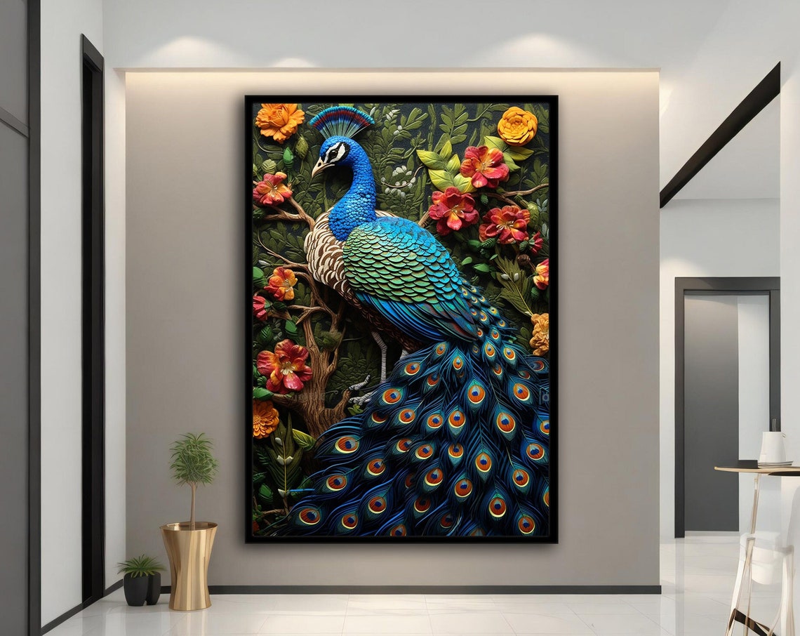 Peacock 3D Relief Style Flower Garden Vibrant Wall Art Poster