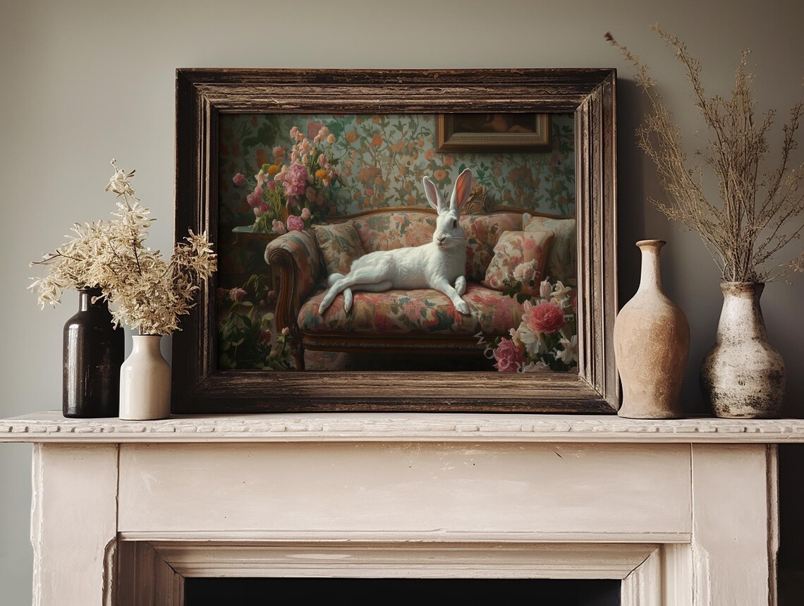 White Rabbit On Vintage Floral Sofa Moody Victorian Room Painting Print - Image 2