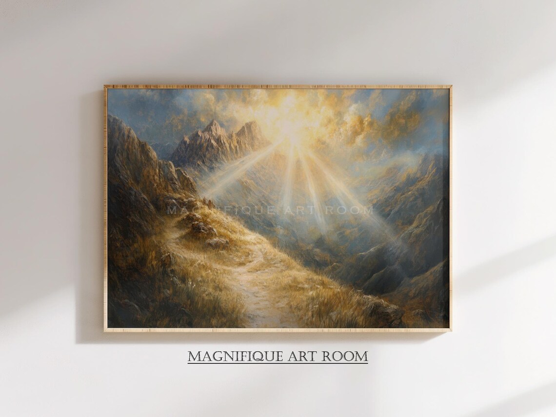 Sunbeams Over Mountain Ridge Golden Path Divine Light Landscape Painting Poster