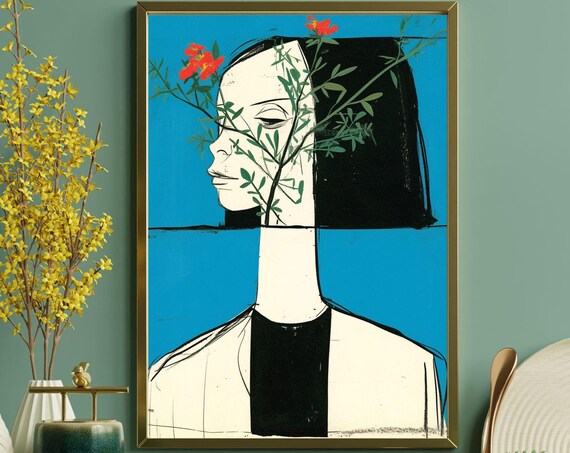 Abstract Woman Face With Vines And Red Flowers Modern Art Poster