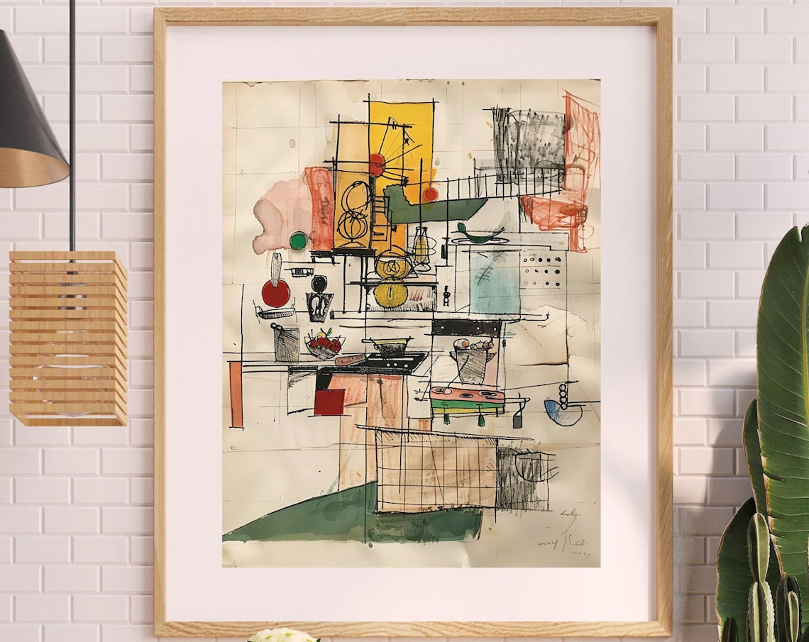 Kitchen Still Life Abstract Ink Sketch Colorful Mid Century Art Poster