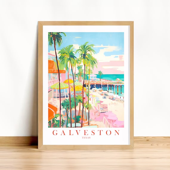 Galveston Texas Beach Pier Palm Trees Retro Coastal Travel Poster