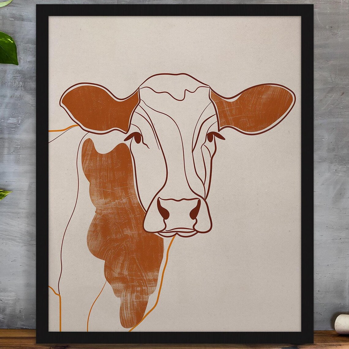 Elegant Terracotta Line Portrait of a Cow on Soft Beige Poster