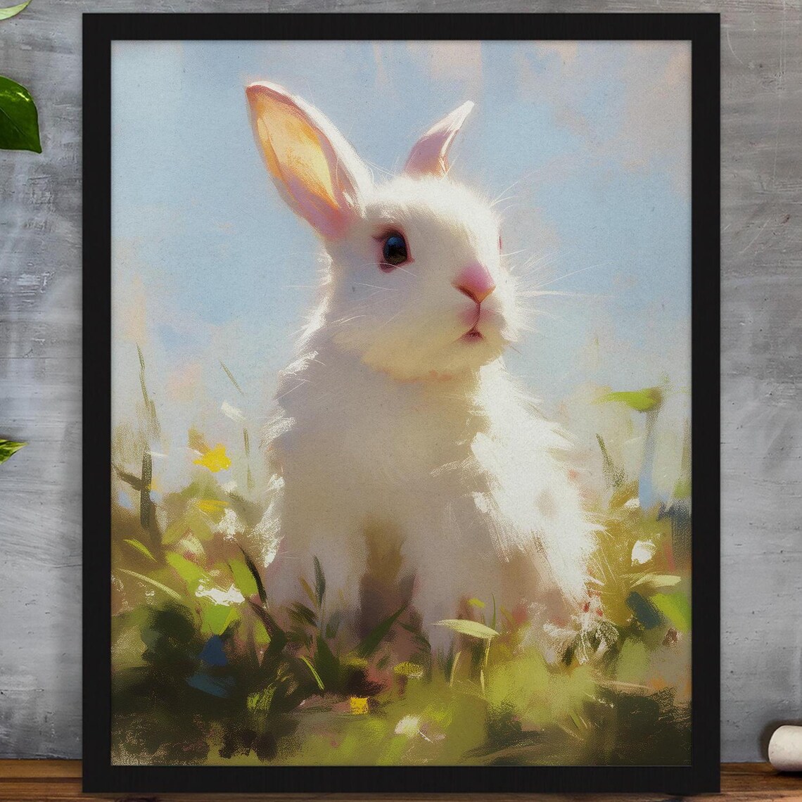 Sweet White Baby Bunny Sitting in a Sunny Flower Meadow Art Poster