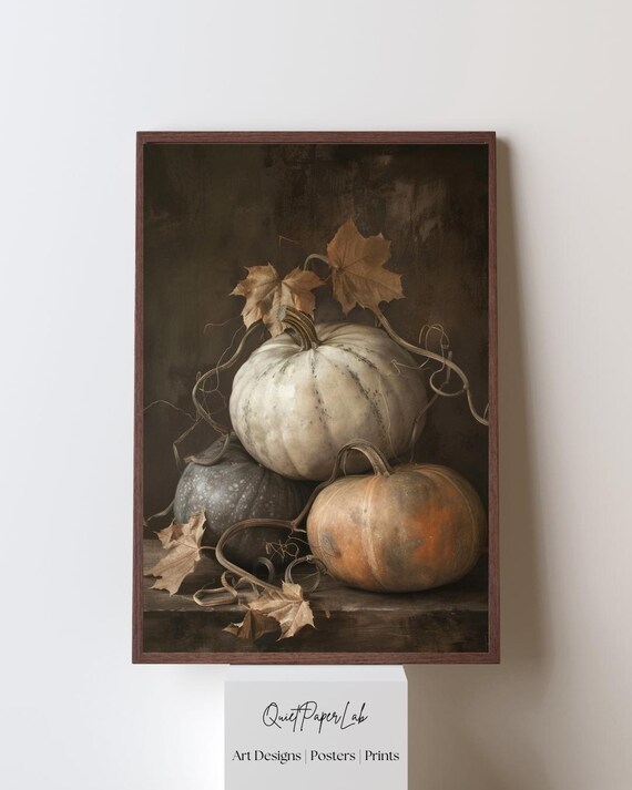 Moody Pumpkin Still Life Poster Vintage Neutral Autumn Farmhouse Art