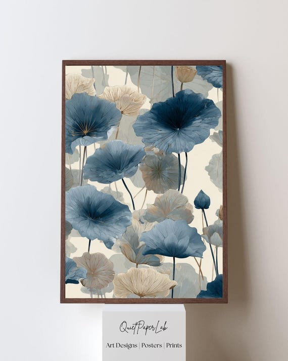 Floral Pattern Modern Botanical Muted Blue Wall Art Print Neutral Decor Poster Framed Ready To Hang