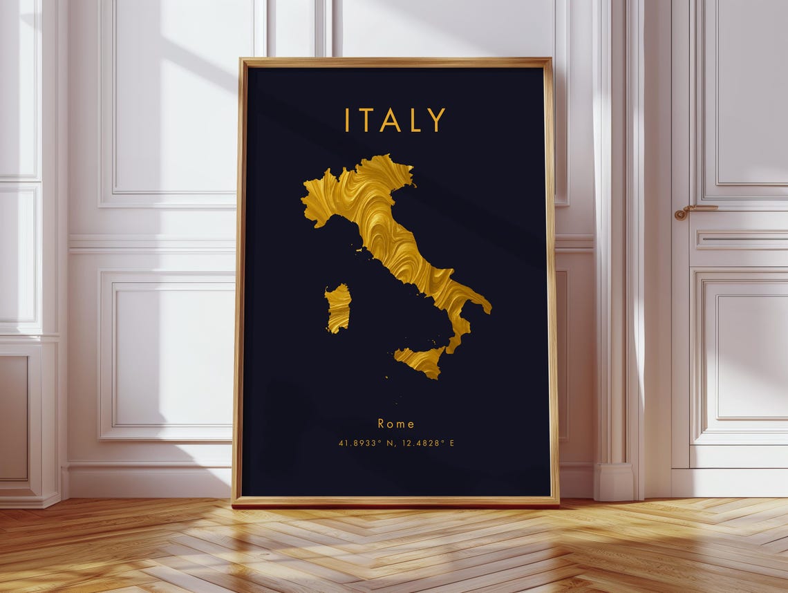 Italy Gold Marble Map Black Background Rome Coordinates Art Poster