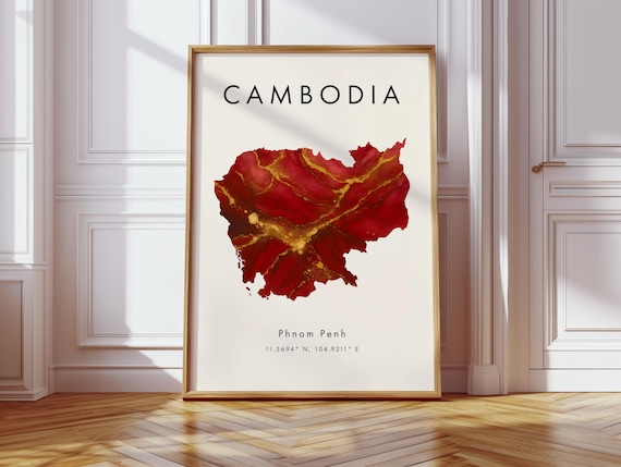 Cambodia Map Poster Red And Gold Asia Wall Art Print Home Decor Geography Gift Wallpaper