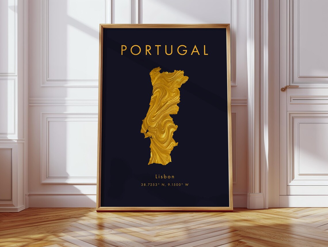 Portugal Gold Foil Map Modern Black Background Lisbon Elegant Gift Poster