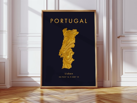 Portugal Map Poster Gold Europe Wall Art Print Home Decor Geography Gift Wallpaper
