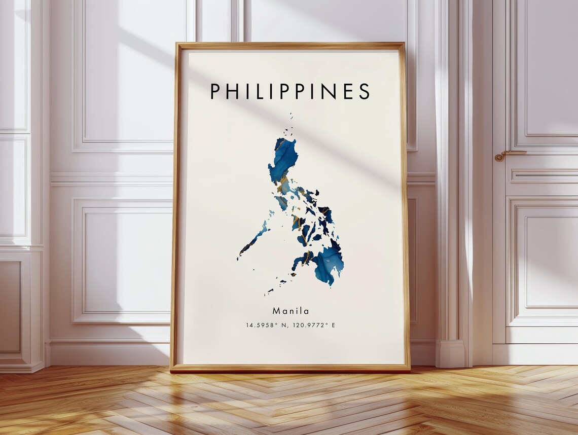 Philippines Map Poster Blue And Gold Asia Wall Art Print Home Decor Geography Gift Wallpaper