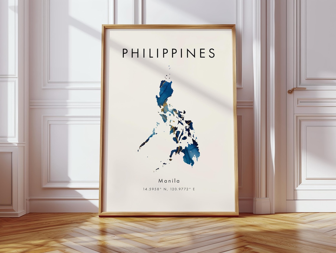 Philippines Map Poster Blue Gold Watercolor Manila Coordinates Gift Artwork
