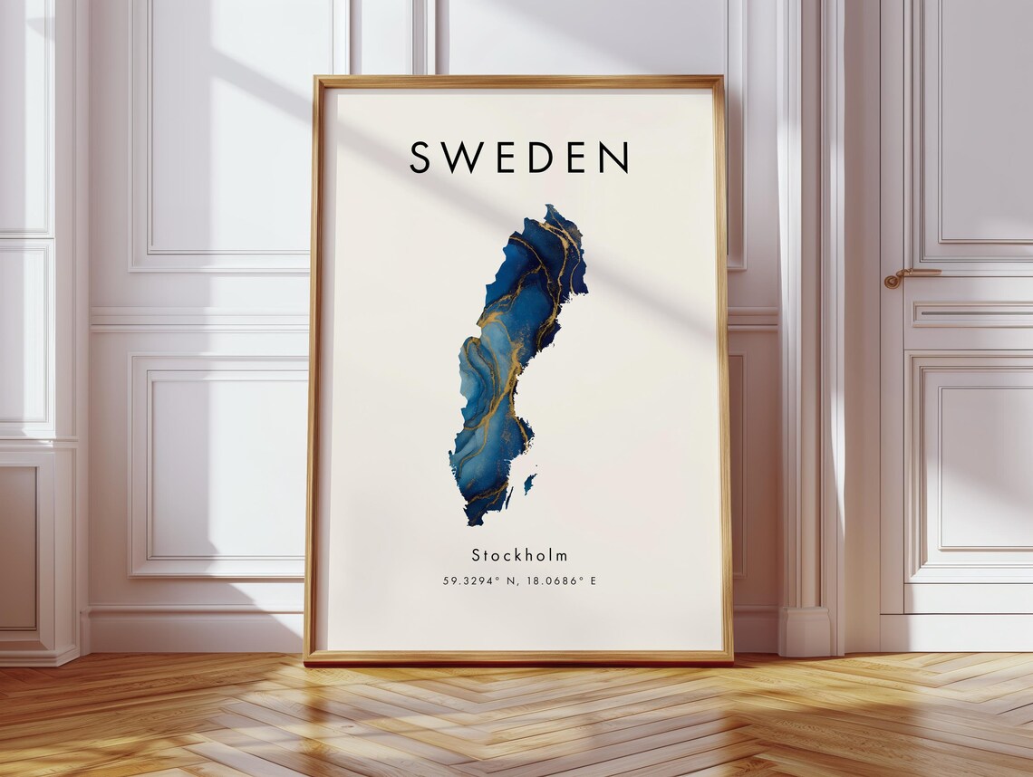 Sweden Map Watercolor Blue Gold Marble Stockholm Minimalist Poster