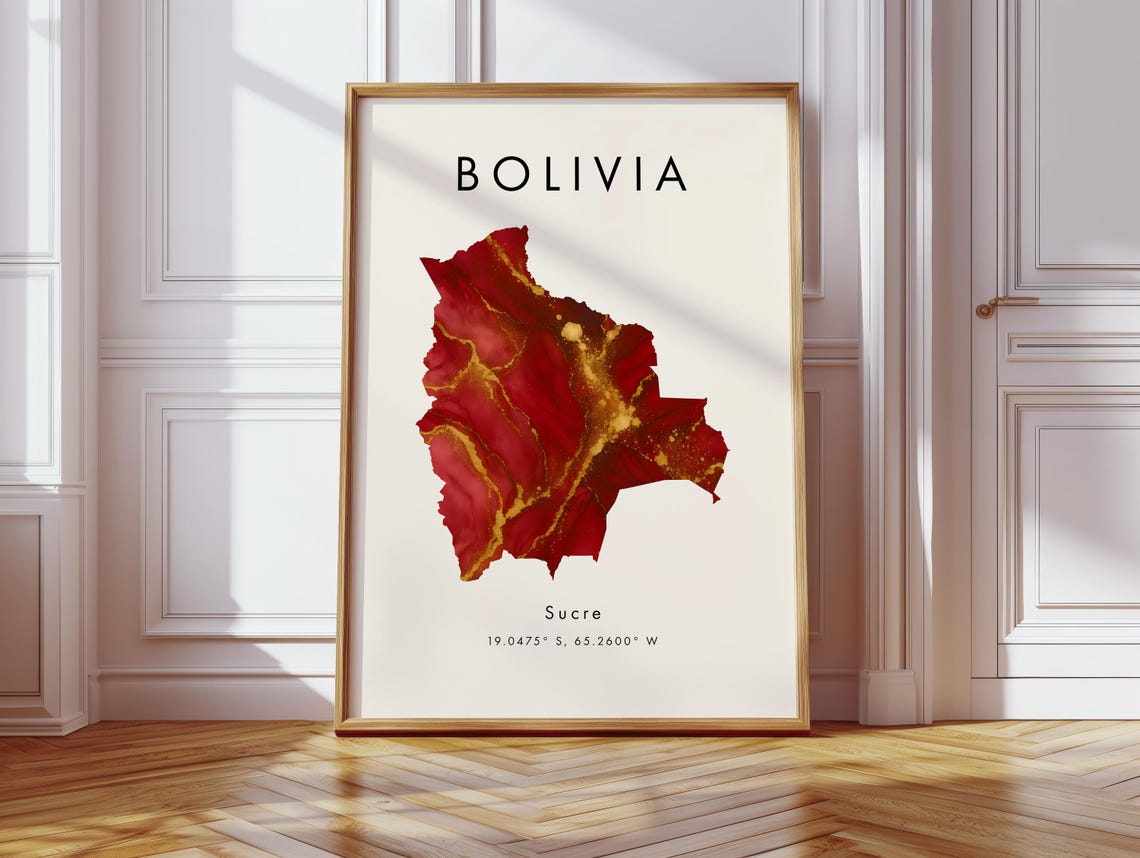 Bolivia Red Gold Watercolor Map Capital Sucre Coordinates Art Poster