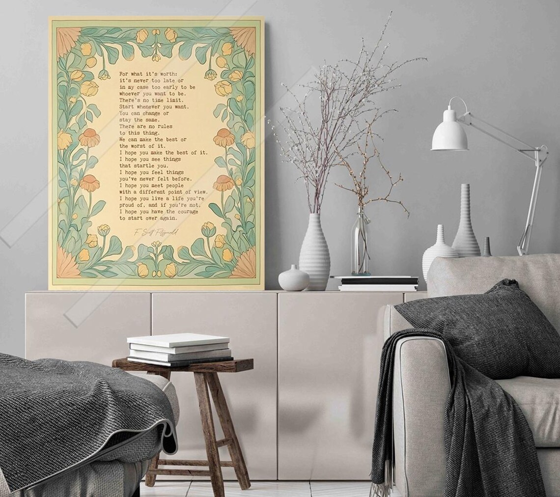 F Scott Fitzgerald For What It Is Worth Floral Letter Quote Art Poster - Image 2
