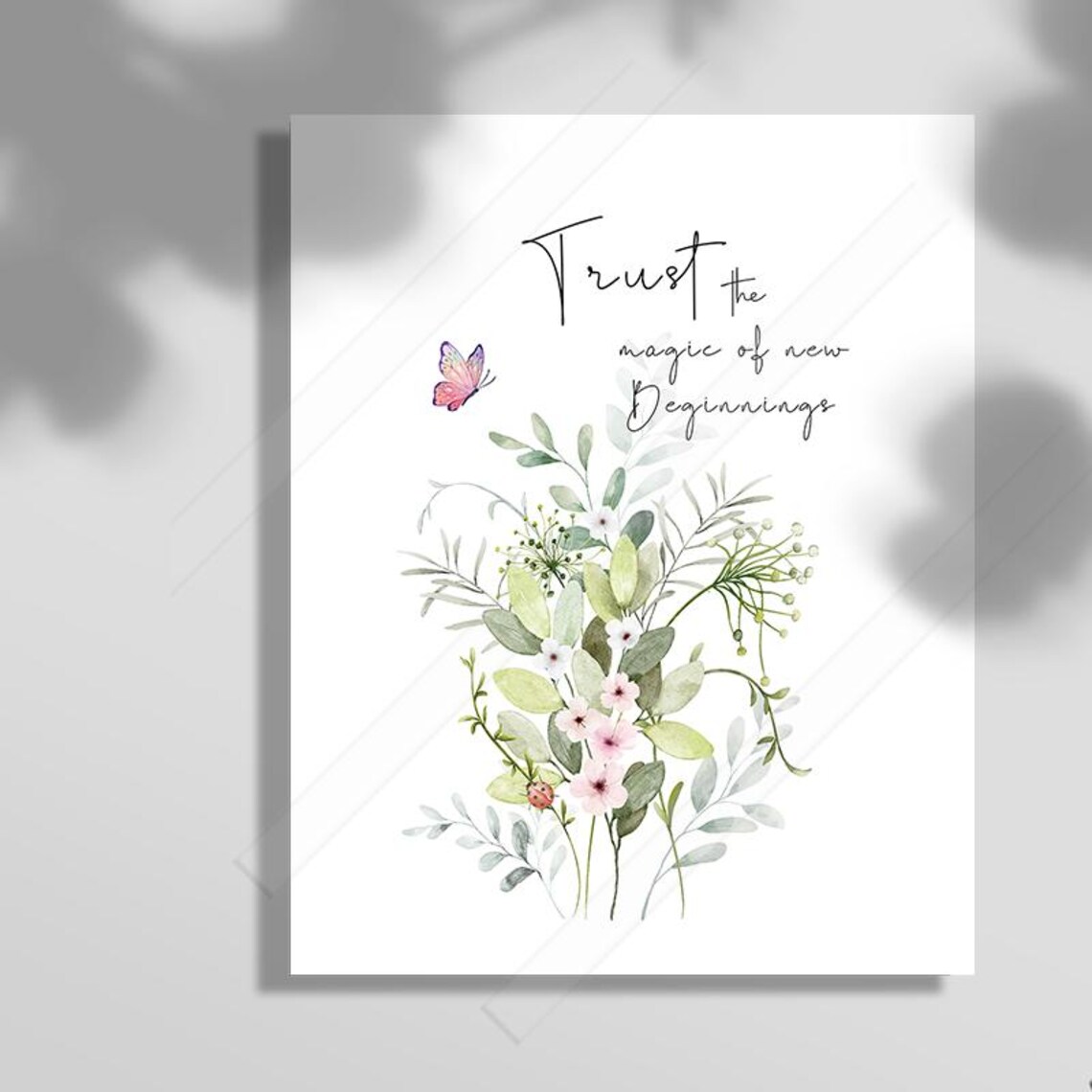Trust The Magic Of New Beginnings Quote Print Watercolor Greenery Bouquet Decor