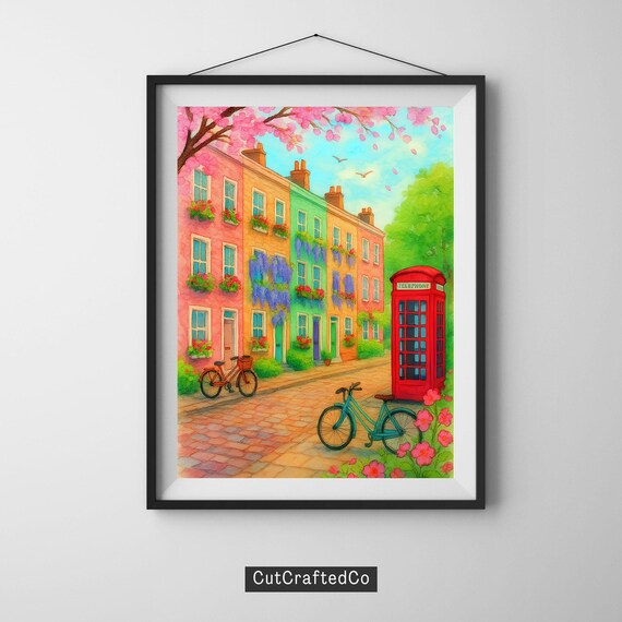London Pastel Townhouse Street Spring Watercolor Phone Booth Poster