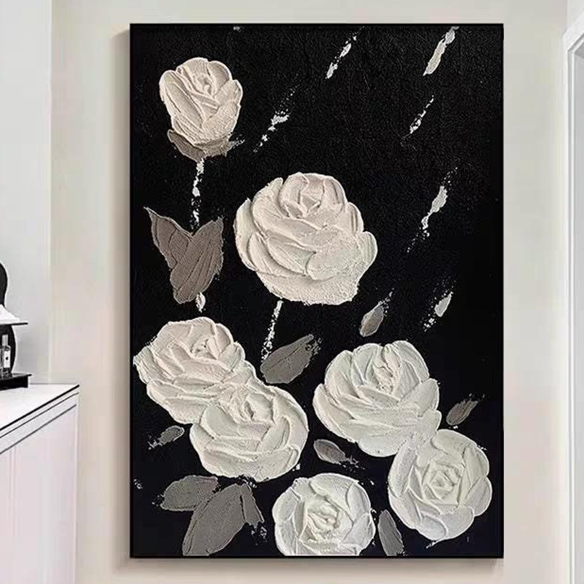 White Roses On Black Background 3D Textured Floral Art Poster