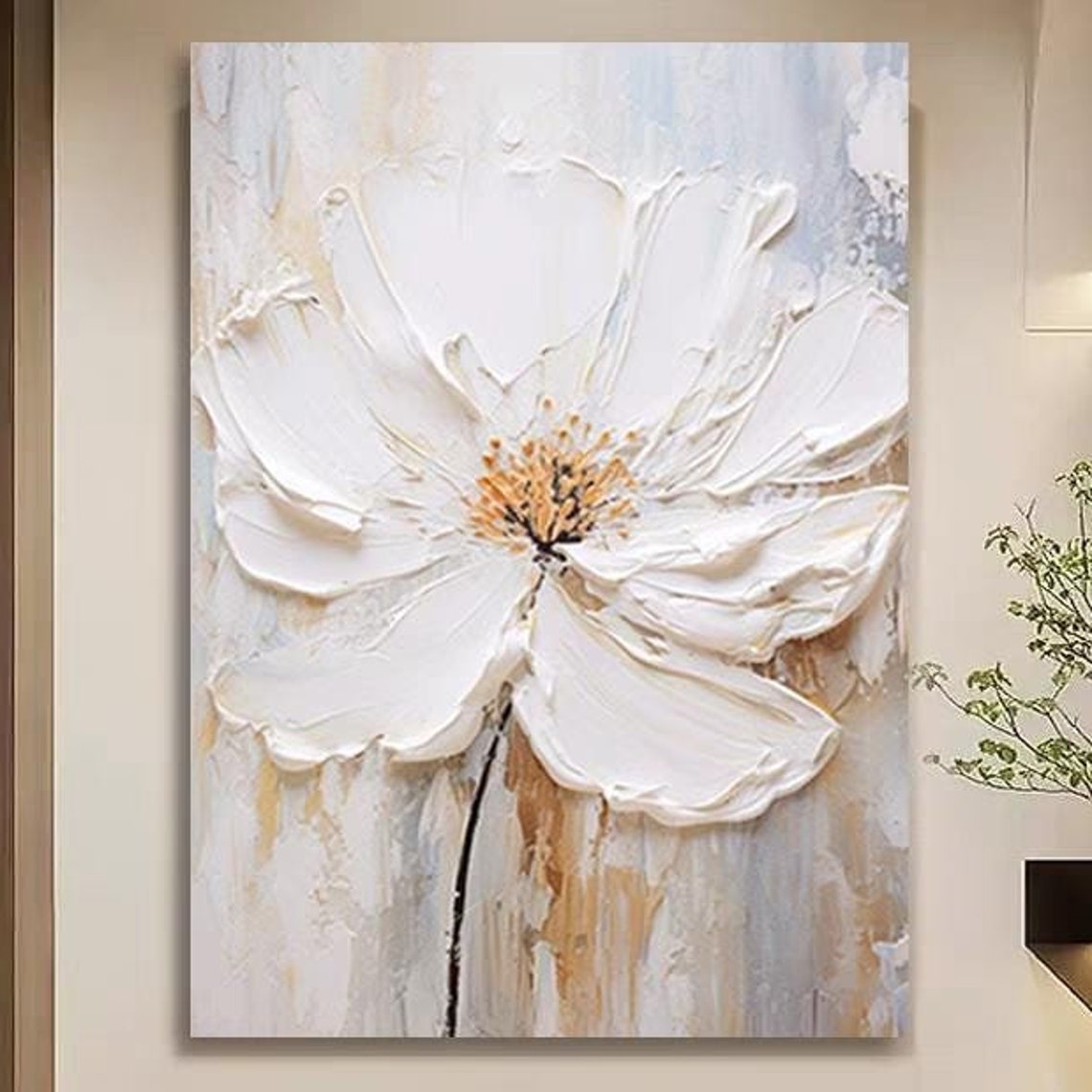 Large White Cosmos Bloom Thick Impasto Floral Acrylic Canvas Poster