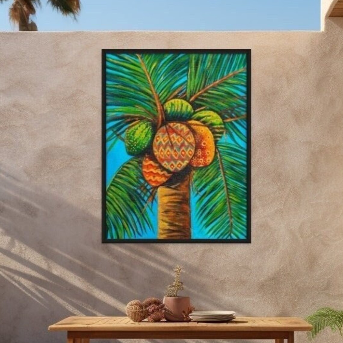Colorful Coconut Palm Tree Tropical Blue Sky Beach Art Poster