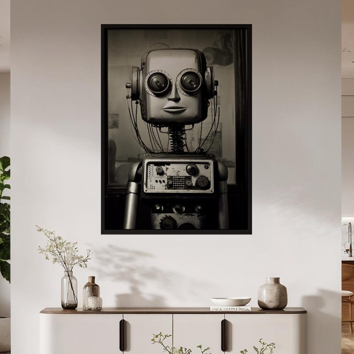 Monochrome Vintage Steampunk Robot Portrait Industrial Wall Art