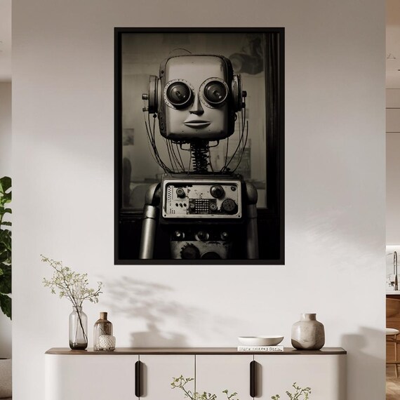Monochrome Vintage Steampunk Robot Portrait Industrial Wall Art
