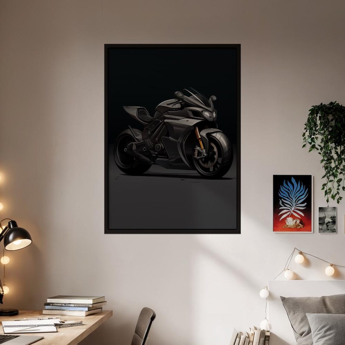 Sleek Black Sport Motorcycle On Dark Background High Tech Bike Enthusiast Poster