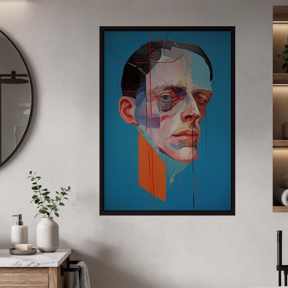 Deconstructed Face Abstract Portrait Blue Orange Contemporary Art Poster