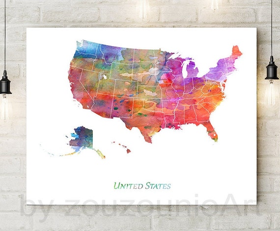 United States Map Poster Usa Decor Wall Art Watercolor Painting Home Office Travel